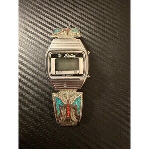 Vintage Stellar LCD Quartz Digital Watch Turquoise Coral Inlay Silver Tone Band